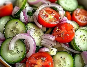 Fresh cucumber salad with onions and tomatoes in a bowl