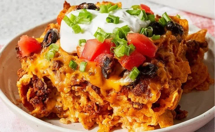 Delicious Doritos Casserole topped with cheese and crunchy Doritos