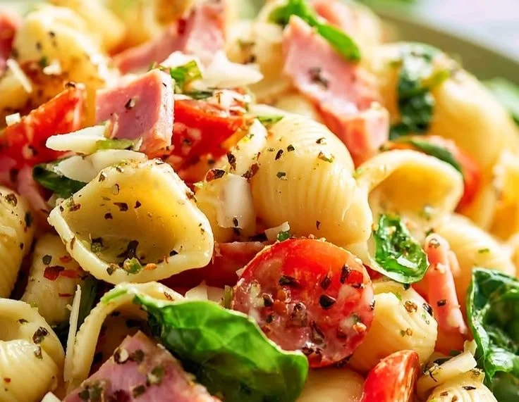 Easy ham pasta salad with Italian dressing recipe in a bowl