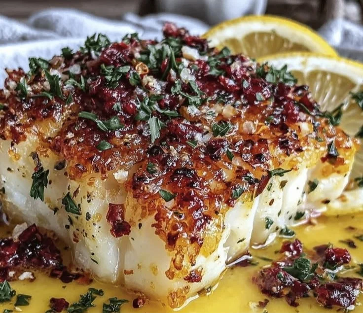 Easy Lemon Garlic Butter Cod plated with herbs and lemon slices.