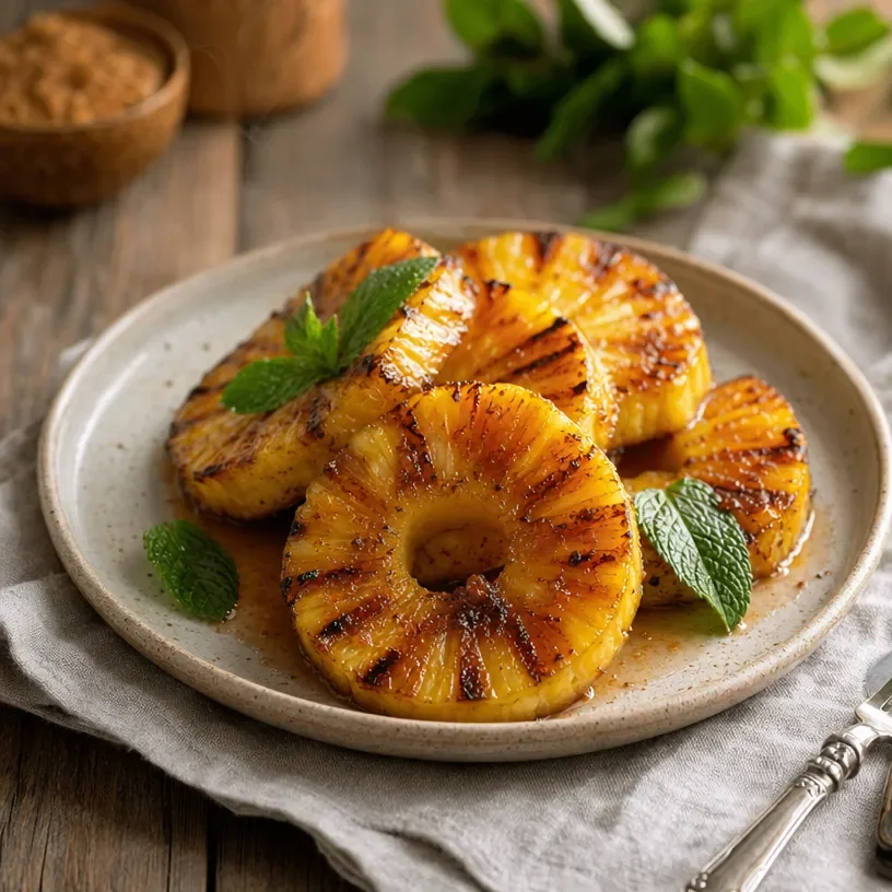Delicious grilled pineapple slices with brown sugar caramelization