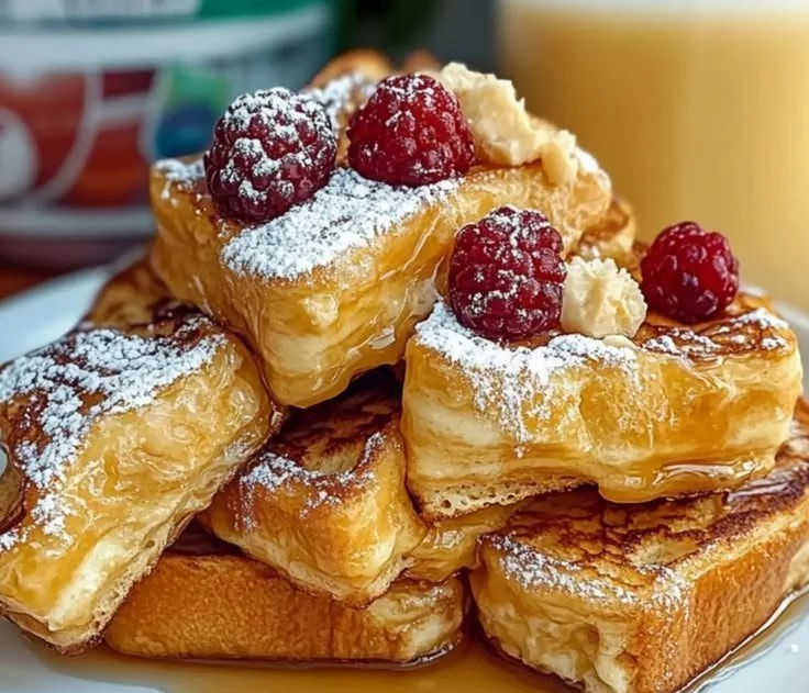 Delicious Hawaiian Roll French Toast topped with syrup and fresh fruit