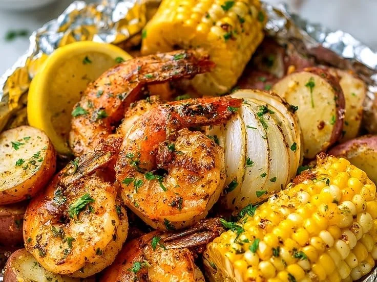 A delicious homemade grilled shrimp boil in foil packets ready to eat.