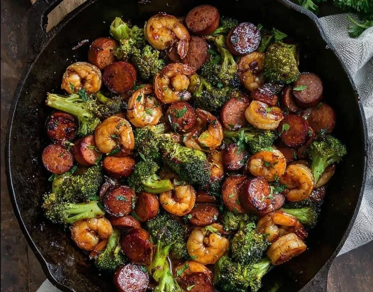 Honey Garlic Shrimp skillet with sausage and broccoli dish