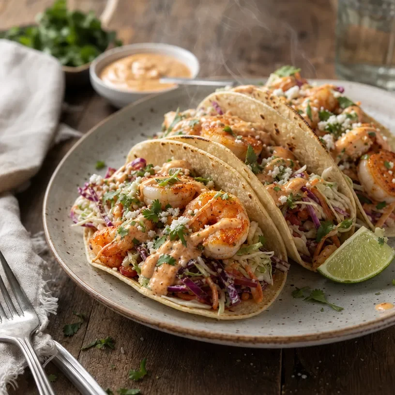 Delicious shrimp tacos garnished with chipotle crema and fresh toppings.