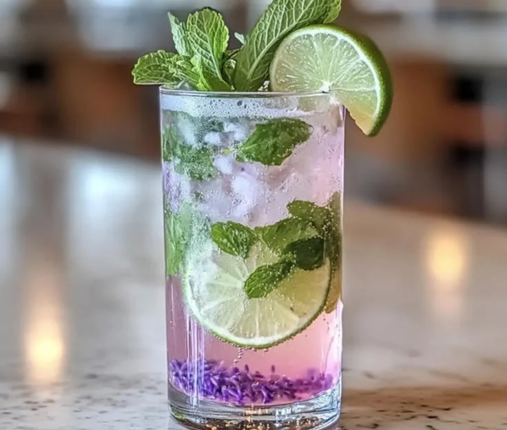 Refreshing Lavender Mojito mocktail with mint and lavender garnish.