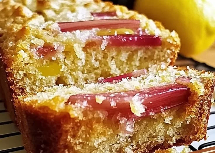 Sliced Lemon Rhubarb Sunshine Loaf served on a wooden board.