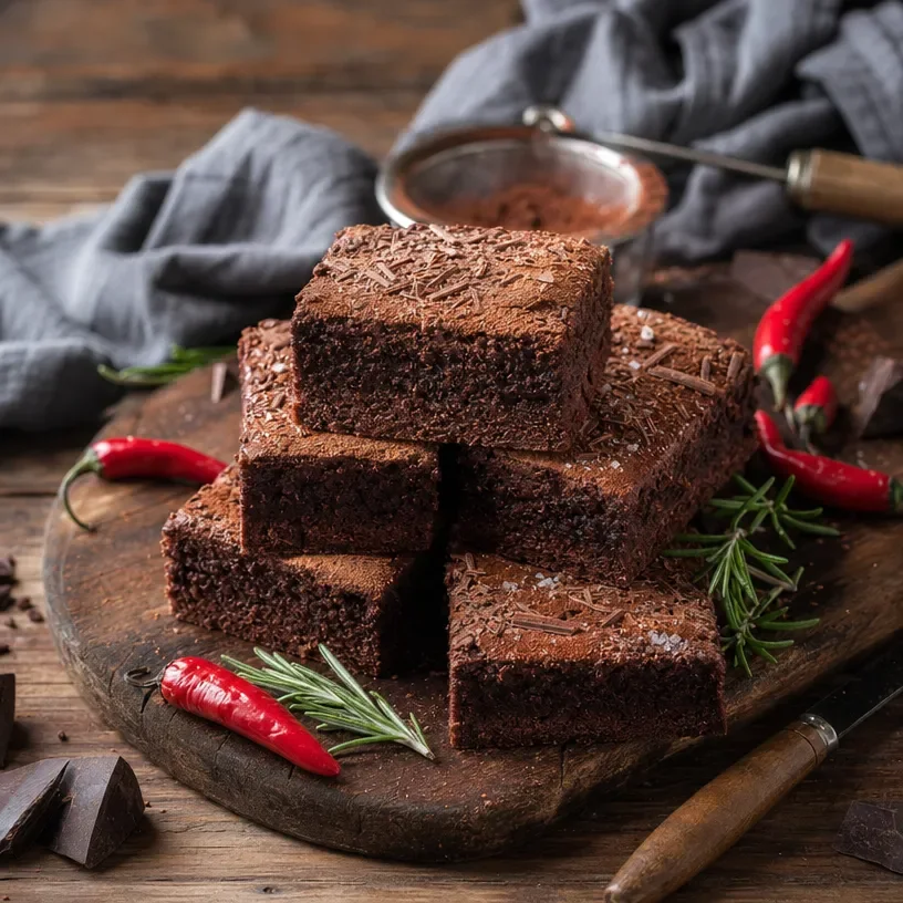 Mexican spiced chocolate brownies topped with chocolate frosting and spices.