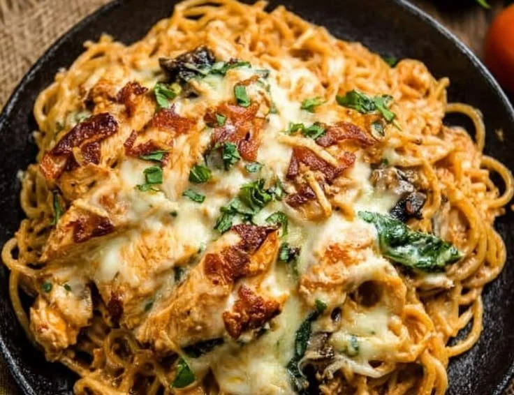 Delicious Monterey Chicken Spaghetti served on a plate