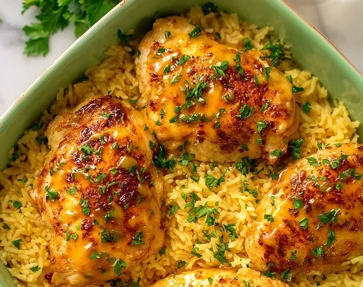 One-Pan Honey Mustard Chicken served with rice in a baking dish