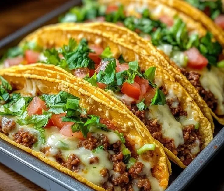 Oven-baked cheesy tacos served on a plate, topped with fresh ingredients.