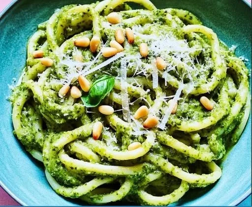 Bowl of pasta with vibrant homemade 10-minute pesto sauce