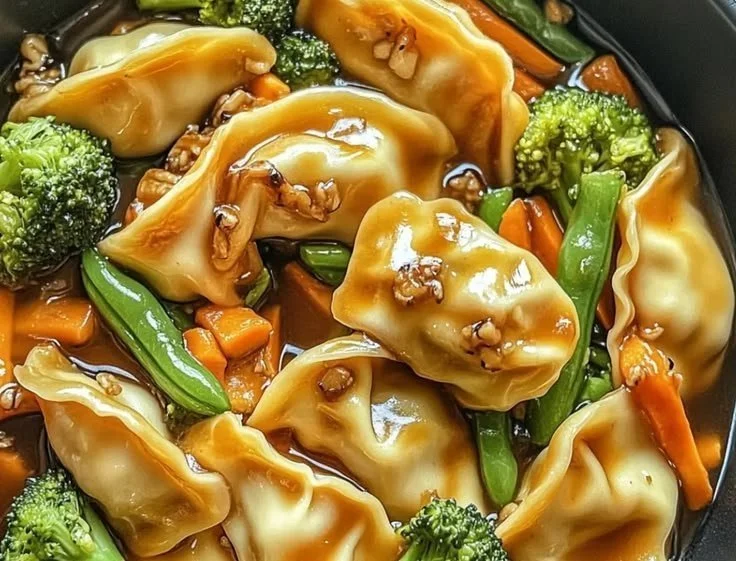 Delicious potsticker stir fry served in a colorful bowl with vegetables