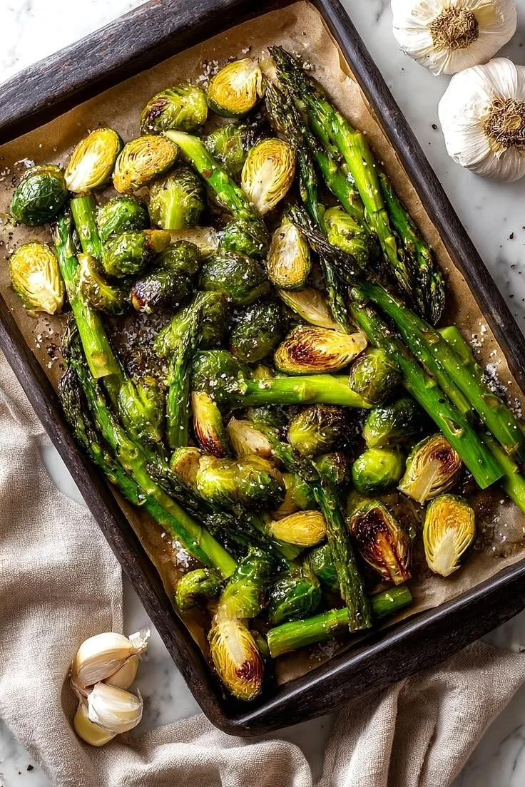 Roasted Brussels Sprouts and Asparagus