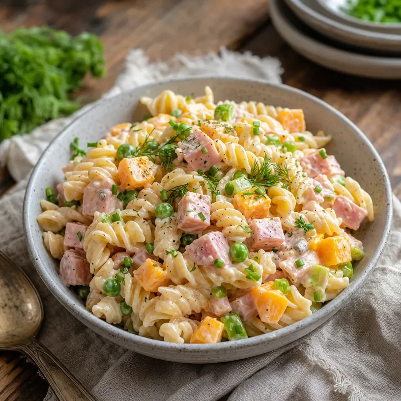 Satisfying ham pasta salad with ranch dressing in a bowl