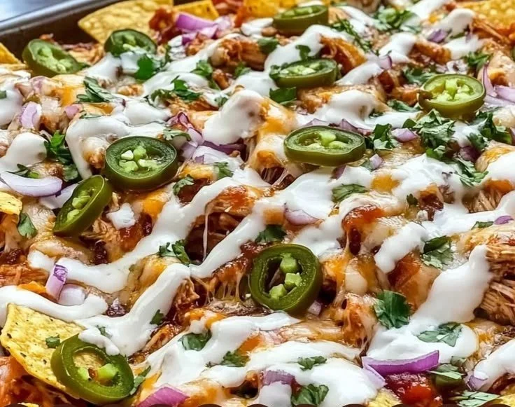 Delicious sheet pan BBQ chicken nachos topped with cheese and jalapeños.