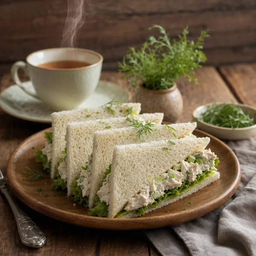 Simple chicken salad tea sandwiches on a serving platter
