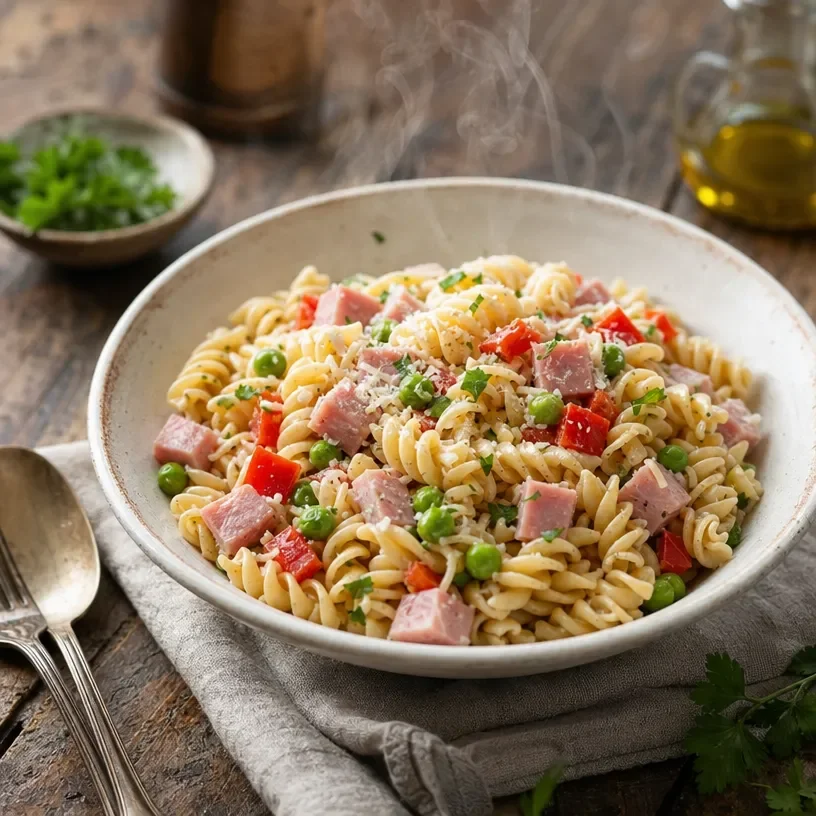 Bowl of simple ham pasta salad without mayo, garnished with vegetables