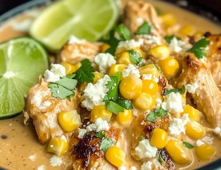 A bowl of slow-cooked street corn chicken garnished with fresh herbs.