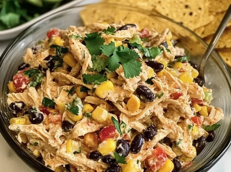 Delicious Southwestern chicken salad garnished with fresh ingredients and spices.