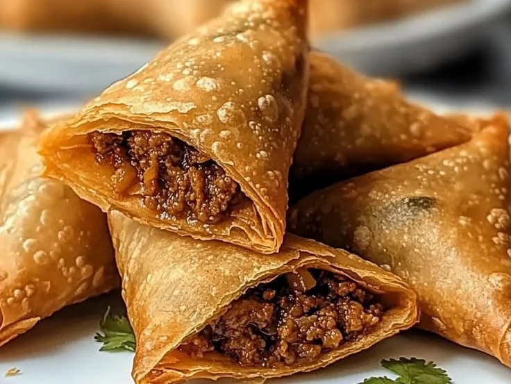 Spiced meat sambusas served on a platter with dipping sauce