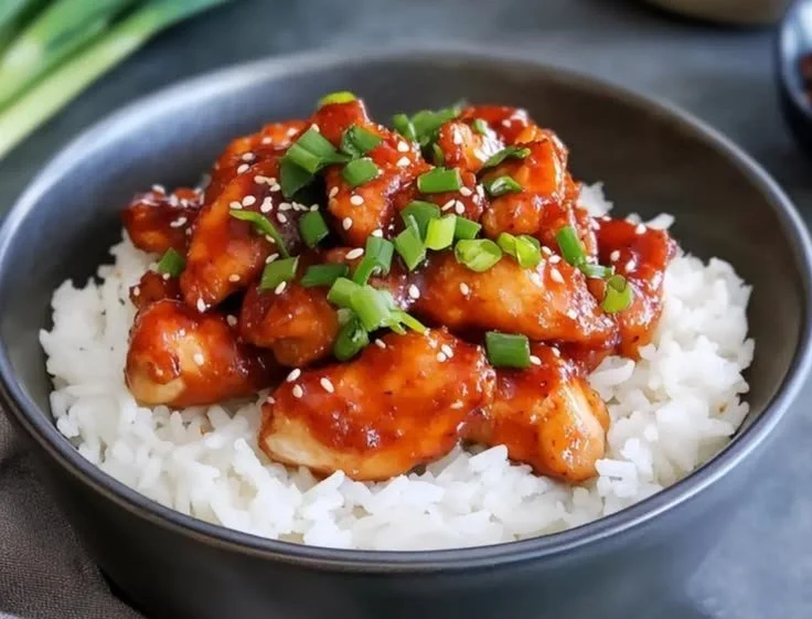 Plate of sticky sweet chilli chicken garnished with fresh herbs