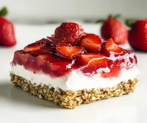 Delicious Strawberry Pretzel Salad with whipped cream and fresh strawberries