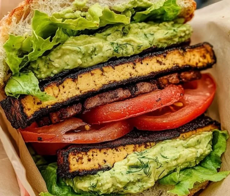 Delicious Summer Smoky Tofu Lettuce Tomato (TLT) Sandwich on a plate