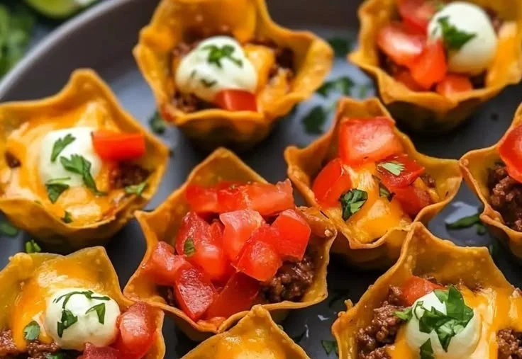 Miniature taco cups filled with flavorful ingredients for a tasty treat.