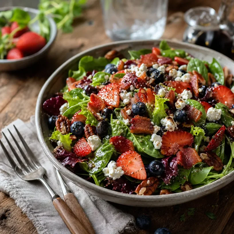 Tasty spring salad with fresh berries and crispy bacon on a plate