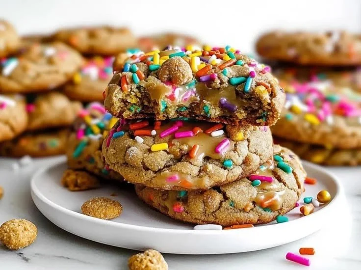 Teddy Graham Funfetti stuffed cookies on a baking sheet