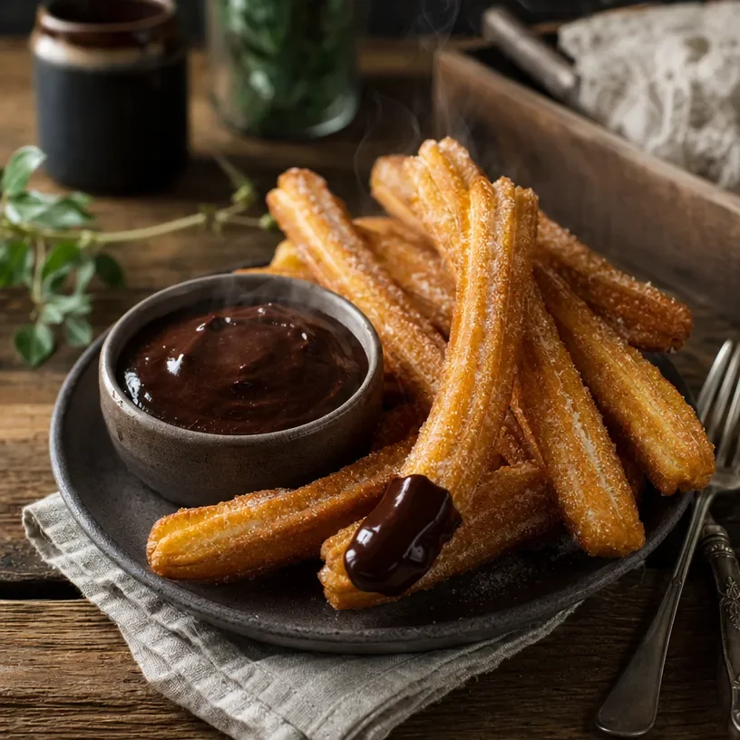Delicious homemade churros served with chocolate dipping sauce