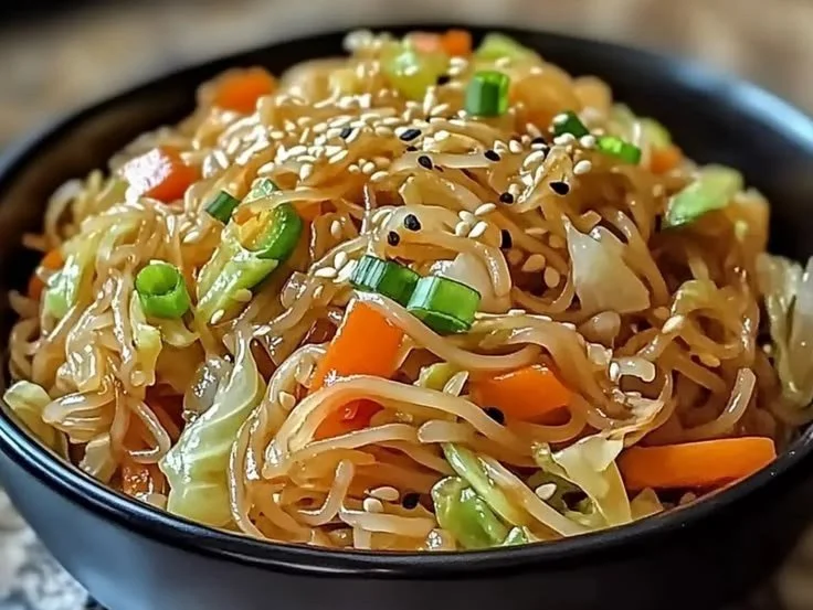 Colorful vegetarian cabbage noodle stir-fry in a bowl with fresh vegetables