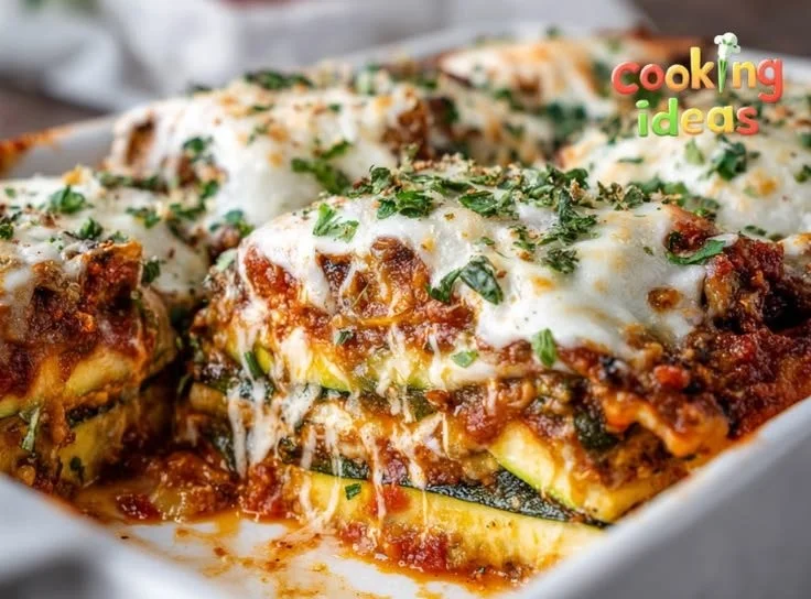Delicious serving of the world's best zucchini lasagna layered with cheese and sauce