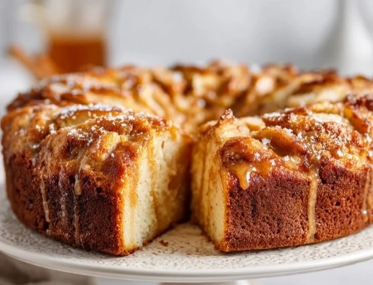 Delicious apple cider bundt cake with sweet brandy glaze on a decorative plate