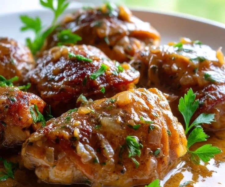 Delicious baked chicken thighs served with rich brown gravy