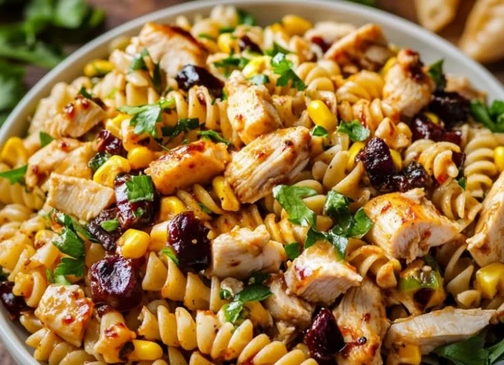 BBQ chicken pasta salad bowl garnished with fresh herbs