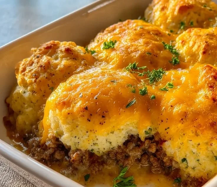 Cheddar Bay Beef Hamburger Casserole served in a baking dish