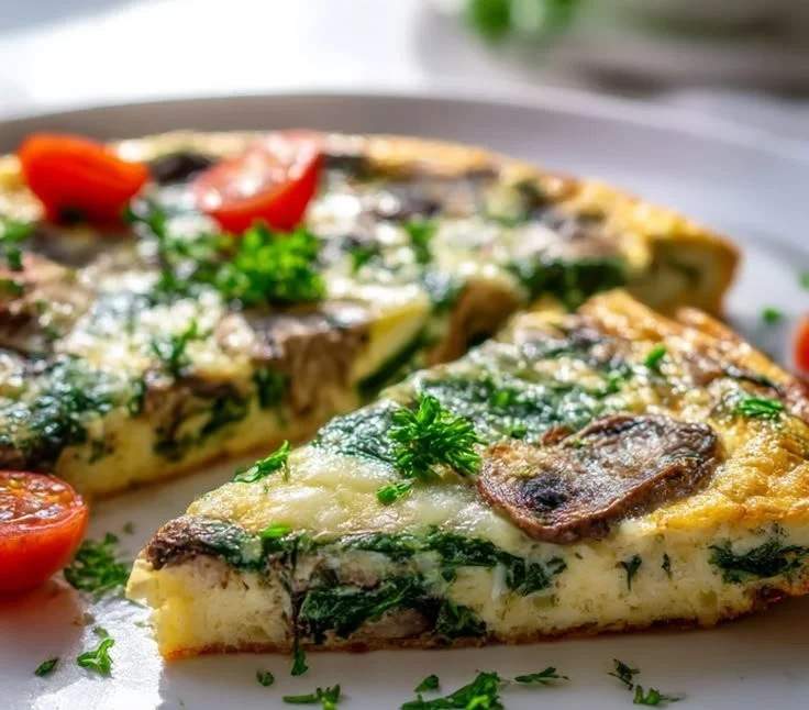 Cheesy spinach mushroom frittata served on a plate with fresh herbs