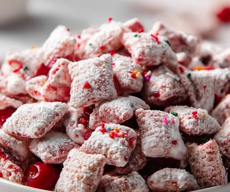 Delicious Cherry Cheesecake Puppy Chow in a bowl, perfect for snacking.