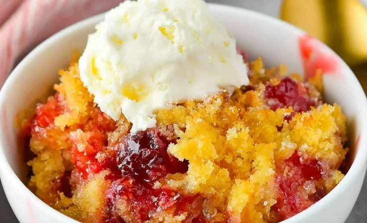 Delicious Cherry Dump Cake topped with whipped cream and cherries