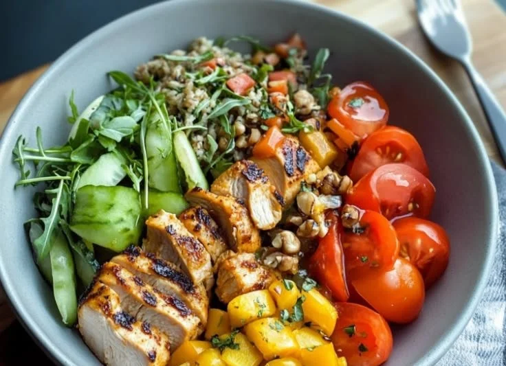 A delicious Chicken Burger Bowl topped with fresh vegetables and sauces.