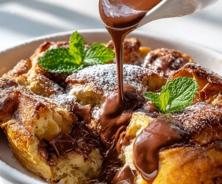 Delicious chocolate croissant bread pudding topped with chocolate sauce.