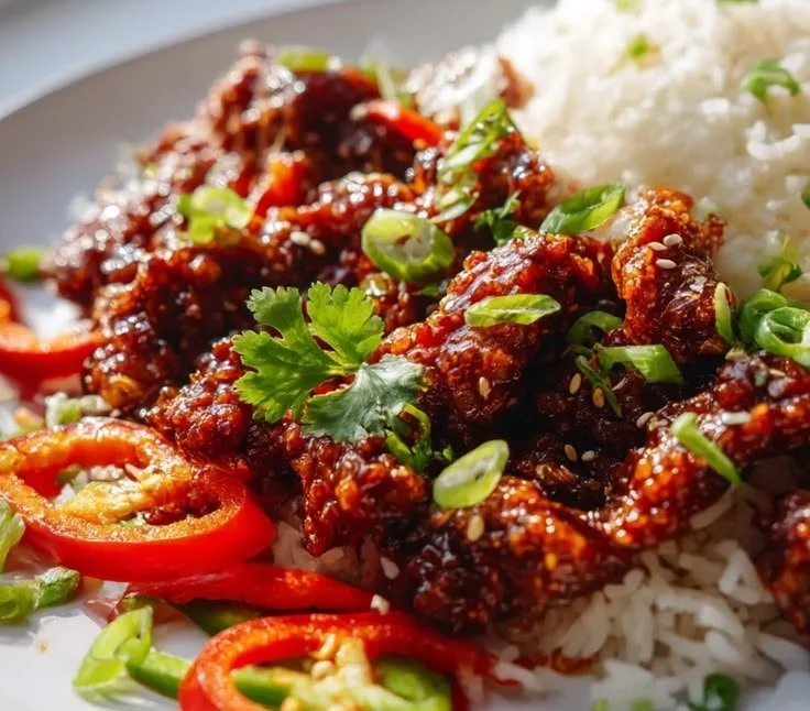 Crispy Beef Delight served with spicy rice on a plate