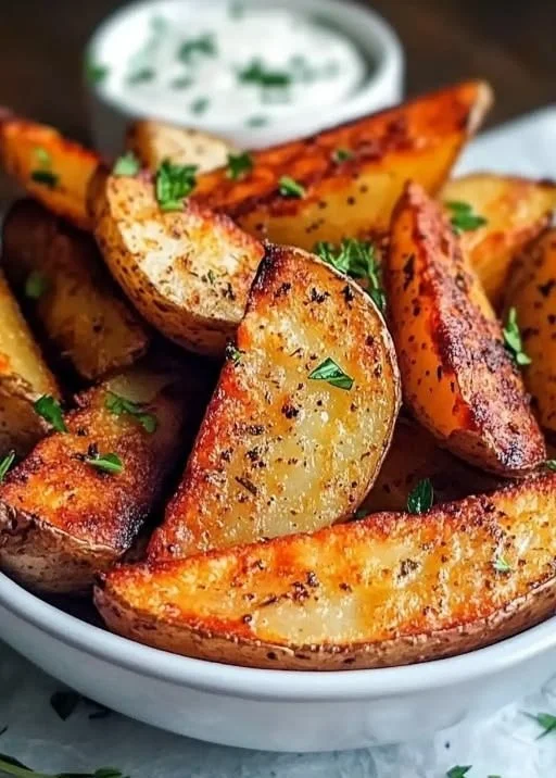Homemade crispy potato wedges recipe served with a dipping sauce.