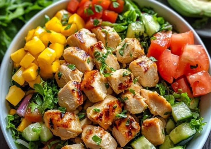 A vibrant bowl of Easy Hawaiian Chicken Salad topped with fresh ingredients and tropical flavors.