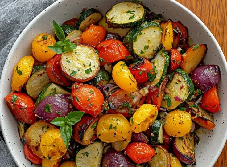 Colorful easy roasted vegetable salad with a mix of seasonal veggies