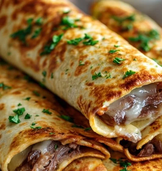 French Dip Tortilla Roll Ups filled with savory beef and cheese, served with au jus.