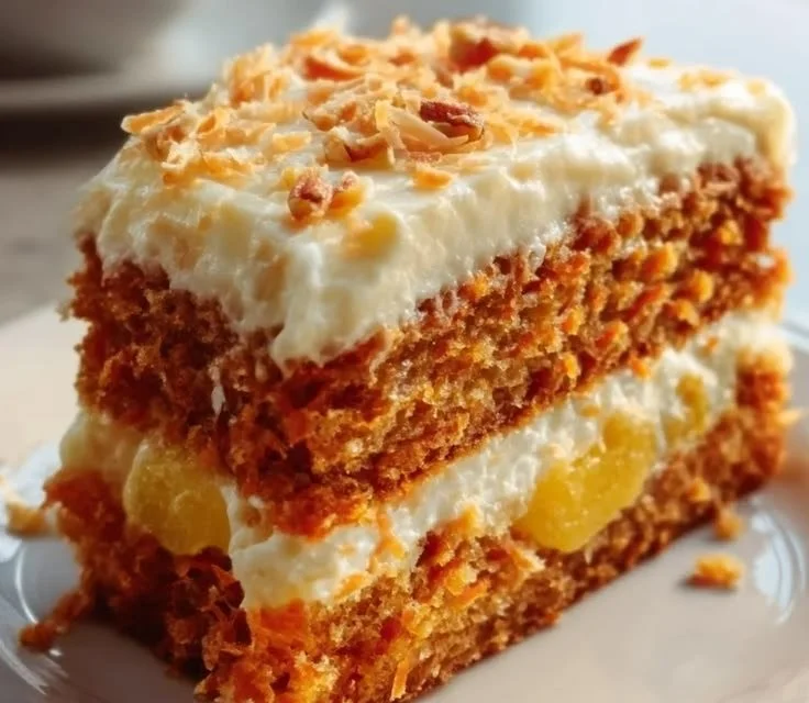 Hawaiian Carrot Pineapple Cake with tropical fruits and cream cheese frosting