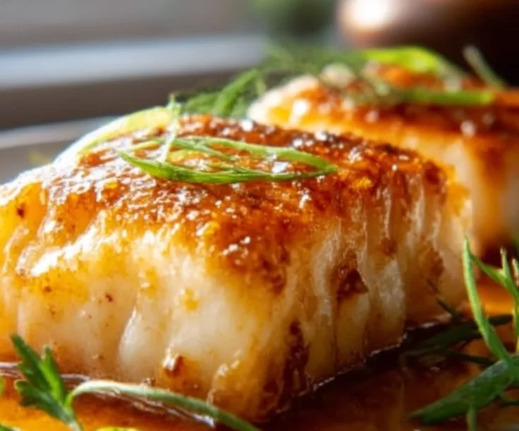 Delicious Honey Marinated Cod served with herbs and vegetables